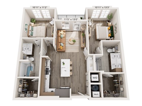 Floor plan for 2 beds, 2 baths, 1053 sqft
